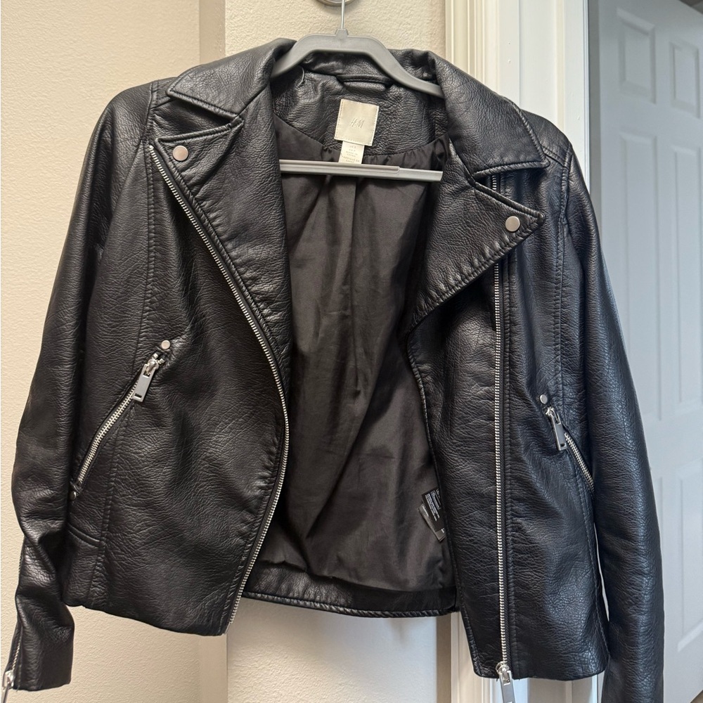 H&M Black Leather Moto Jacket with Asymmetrical Zipper